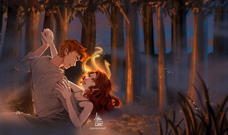 Luna and Orion dancing around the campfire. Based on my story The Prophecy of the Witch.